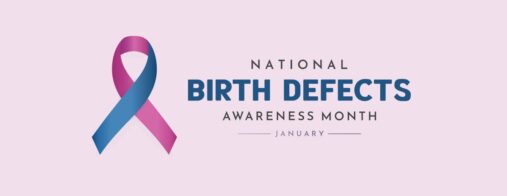 Pink birth defects sign with a blue and pink ribbon and some additional detail.