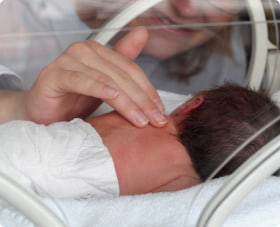 A newborn in an incubator with a caregiver gently touching their back through the access port.